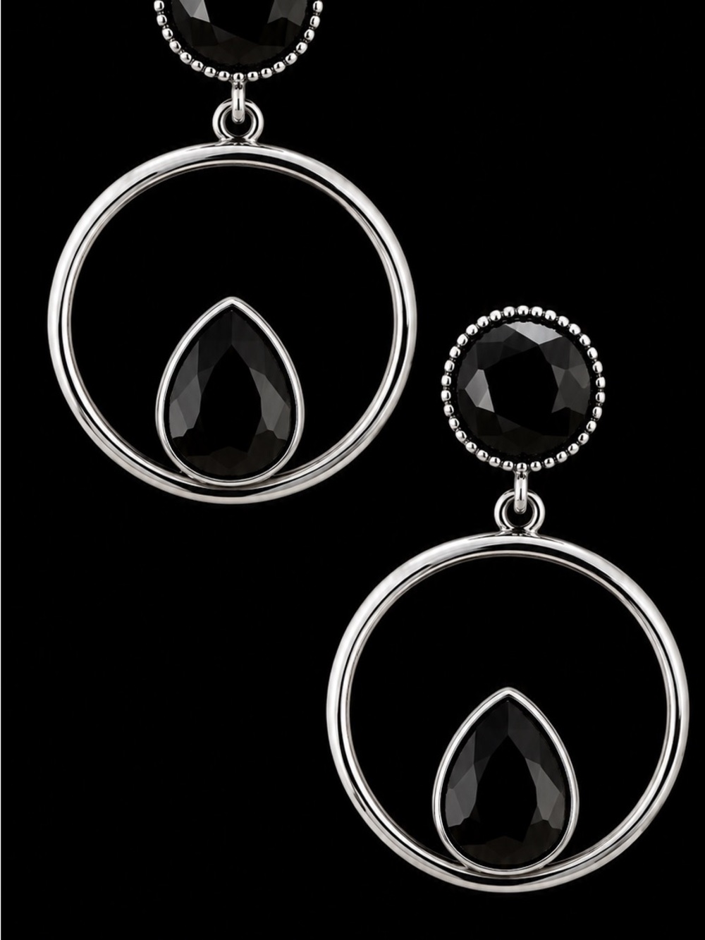 Silver Hoop Earrings with Black Teardrop Stones